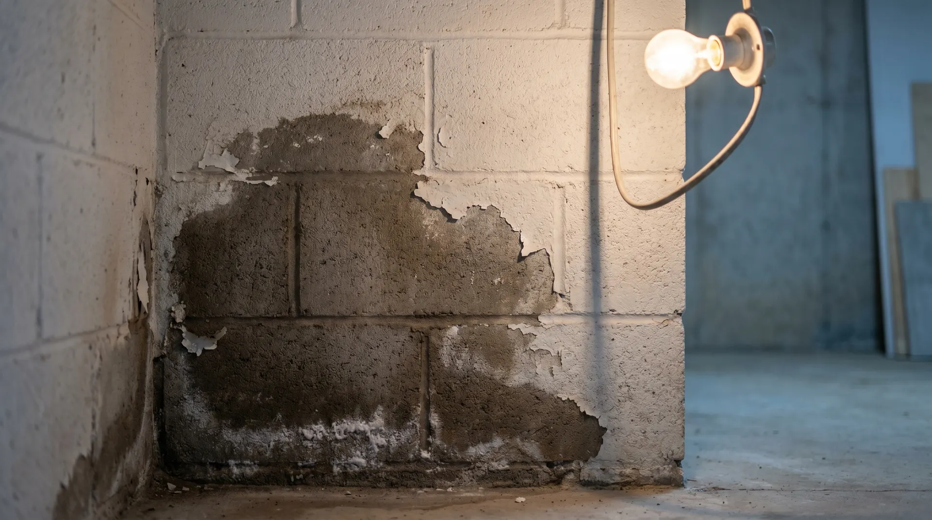Fuktskadad källarvägg med avflagnad färg och en glödlampa.