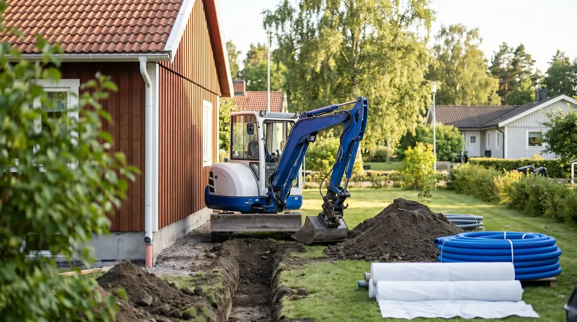 Minigrävare gräver dike vid rött hus med blå dräneringsrör bredvid.